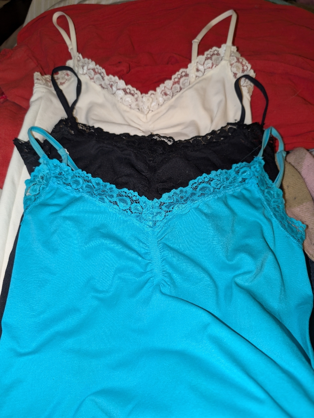 3 Lace Trim Cami Tank Tops Bundle (Turquoise/Black/Cream)